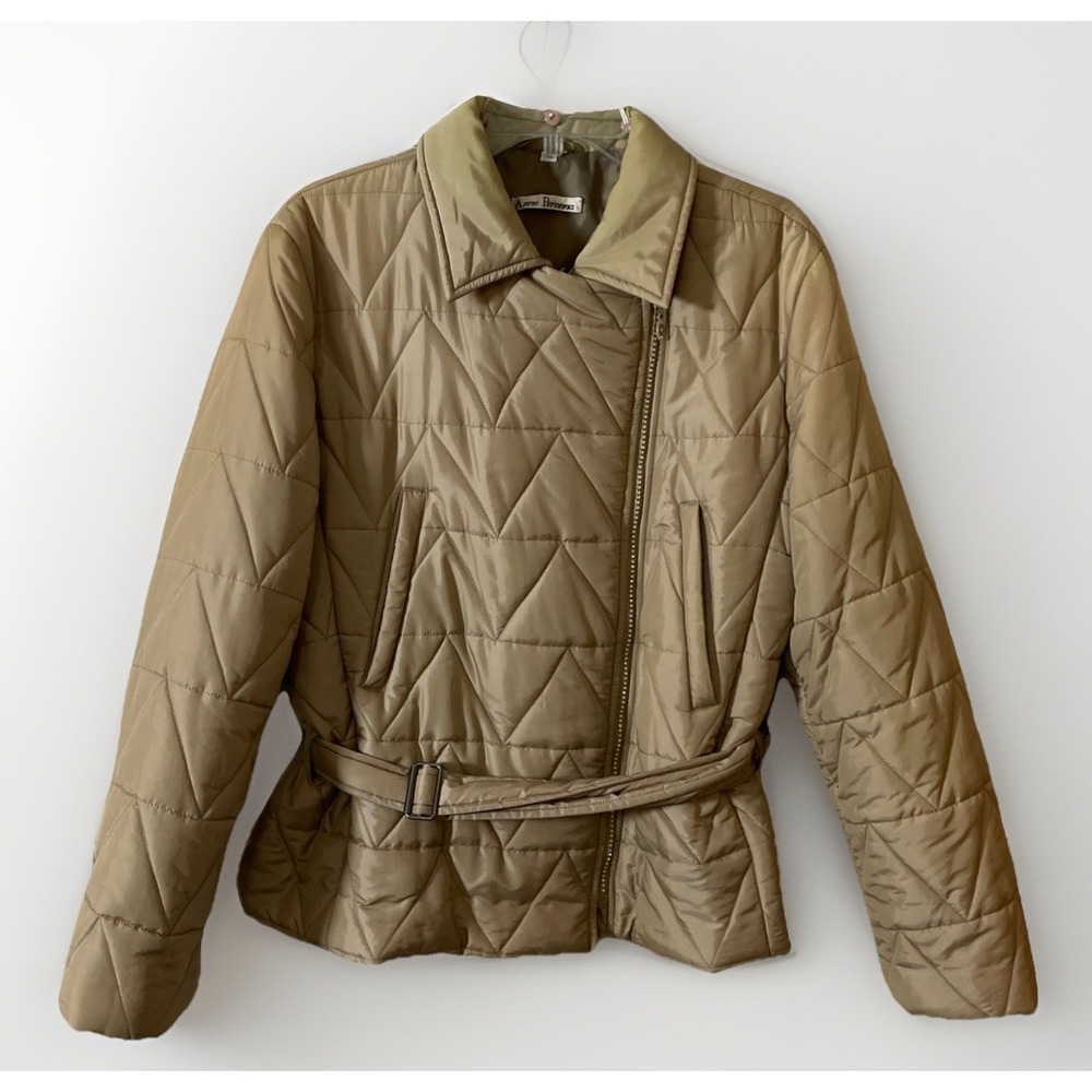 Anne Perenna Vintage Beige Quilted Puffer Jacket Belted Diamond Zip Womens Large